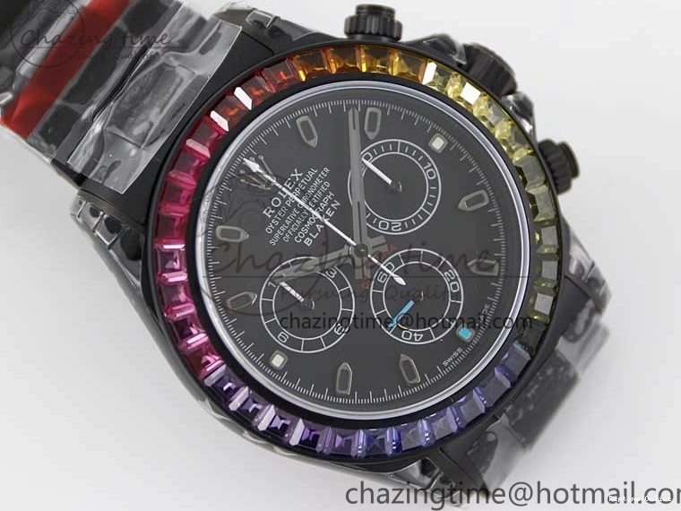 0515 Functional Daytona All Black PVD TWF Best Edition Rainbow Diamonds Bezel Black Dial on PVD Bracelet A 2449